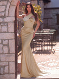 Elegant One Shoulder Mermaid Hem Satin Evening Dress with Pearl Accents