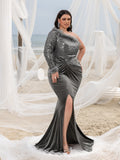 Plus Elegant One-Shoulder Thigh Slit Sequin & Velvet Mermaid Dress with Feather Accents