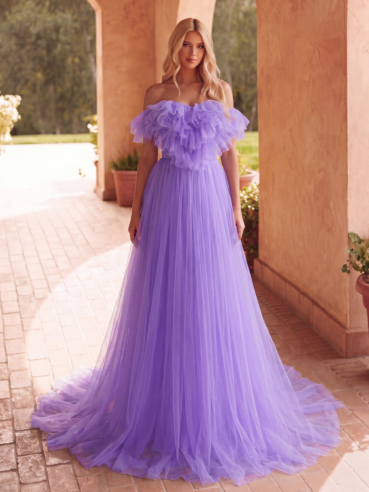 Off Shoulder Ruffle Trim Mesh Wedding Dress