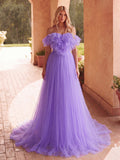 Off Shoulder Ruffle Trim Mesh Wedding Dress
