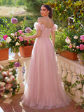Elegant Off Shoulder Ruched Bust Split Thigh Tulle Evening Dress