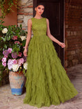 Gorgeous Applique Detail Cascading Ruffle Hem Tulle Prom Dress