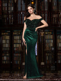 Elegant Off-Shoulder Mermaid Gown with Sequined Velvet, High Slit & Floor-Length Train