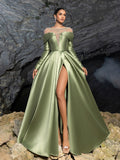 Luxury Beaded Evening Gown with Off-Shoulder Mesh Insert, High Slit Satin Dress for Red Carpet & Gala Events