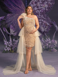 Plus Maternity  One Shoulder Tulle Overlay Sequin Party Dress
