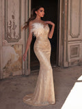 Elegant Feather Accent Strapless Mermaid Gown with Lace-Up Back