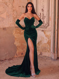 Elegant Ruched Wrap Hem Velvet Tube Prom Dress（Gloves Included）