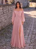 Off Shoulder Split Thigh Belted Chiffon A Line Dress