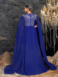 Elegant Chiffon Evening Gown with Beaded Sequin Embellished Bodice, Cape-Style Sleeves & Flowy Floor-Length Skirt, Back Beaded Detail