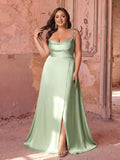 Plus Satin Spaghetti Straps Formal Evening Dress with High Slit