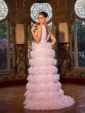 Plunging Neck Ruffle Layered Hem Cake Prom Dress
