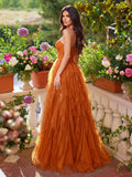 Elegant Lace Bodice Contrast Split Ruffle Layered Hem Prom Tube Dress
