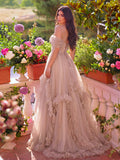 Gorgeous Off Shoulder Sheer Corset Bodice Ruffle Trim Tulle Prom Dress