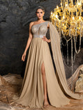 Elegant One-Shoulder Chiffon Evening Gown with Beaded Sequin Embellishment, Cape-Like Draped, High Slit and Flowy Skirt