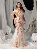 Plus Square-Neck Cold-Shoulder Mermaid Gown with Floral Sequin Embroidery & Tulle Details