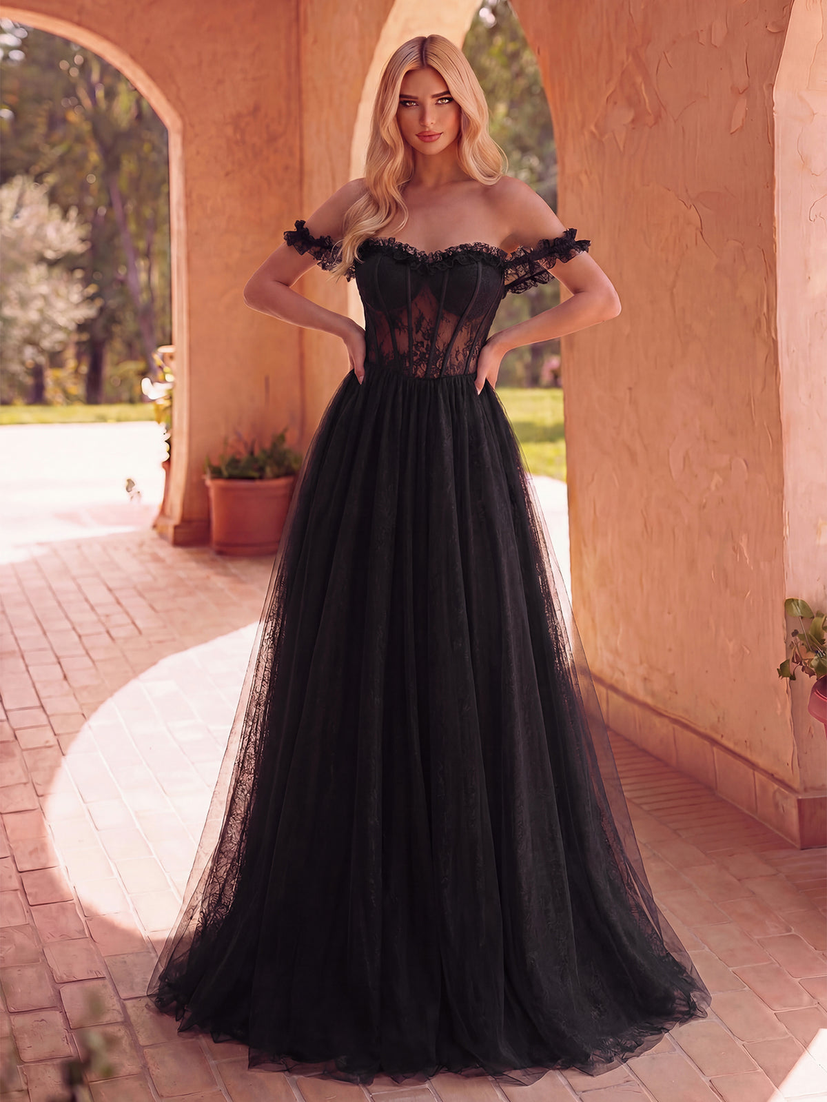 Elegant Off Shoulder Lace Bodice Contrast Tulle Hem Wedding  Dress