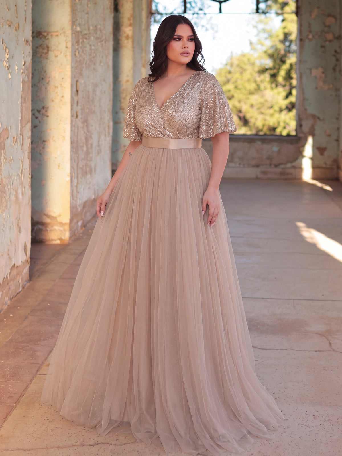 Plus Elegant Surplice Neck Butterfly Sleeves Sequin Evening Dress