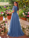 Elegant Sequin Bodice Contrast Mesh Hem Evening Dress