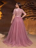 Plus-size Boat Neck Gown with Floral Sequin Embroidered Bodice & Tulle Skirt