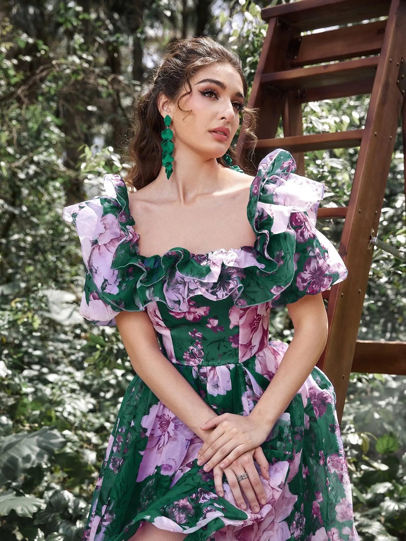 Elegant Ruffle Trim Off Shoulder Floral Organza Prom Dress - Elonnashop