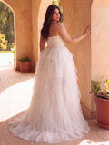 Plus Elegant Strapless Sweetheart White Bridal Gowns: Tiered Tulle Skirt with Thigh-High Slit & Corset Bodice – Elegant 1XL-5XL Wedding Dresses