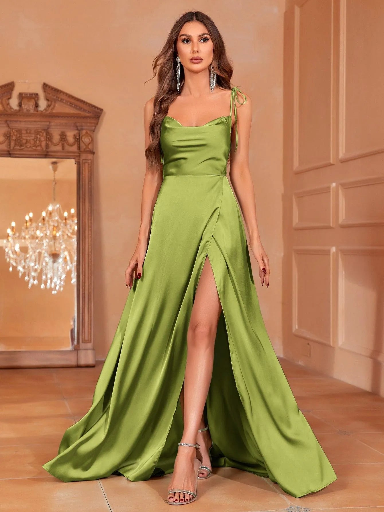 Elegant Tie Shoulder Satin Bridesmaid Dress - Elonnashop