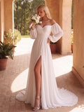 Off Shoulder Lantern Sleeves Chiffon Wedding Dress