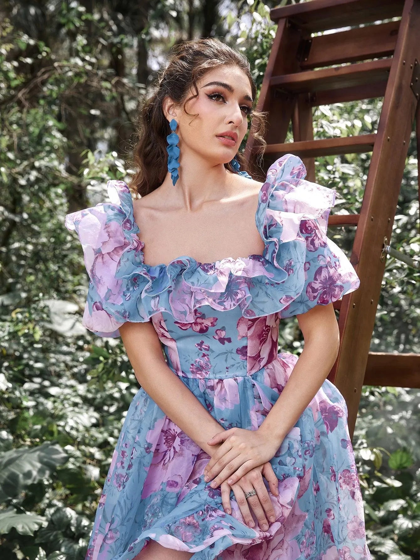 Elegant Ruffle Trim Off Shoulder Floral Organza Prom Dress - Elonnashop