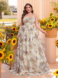 Plus Ruched Bustier Ruffle Trim Hem Floral Printed Tube Dress