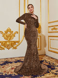 Elegant Maxi Sequin Evening Gown with Mock Neck, Long Sleeves, and Mermaid Fishtail Skirt