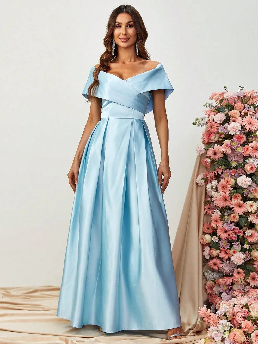 Off Shoulder Fold Pleated Detail Satin A Line Dress - Elonnashop