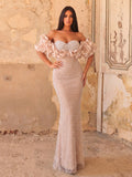 Luxury Off-Shoulder Pearl Beaded Gown | Tulle Ruffle Mermaid Silhouette with High Slit & Corset Back | Formal Evening Dress for Weddings, Galas, Prom