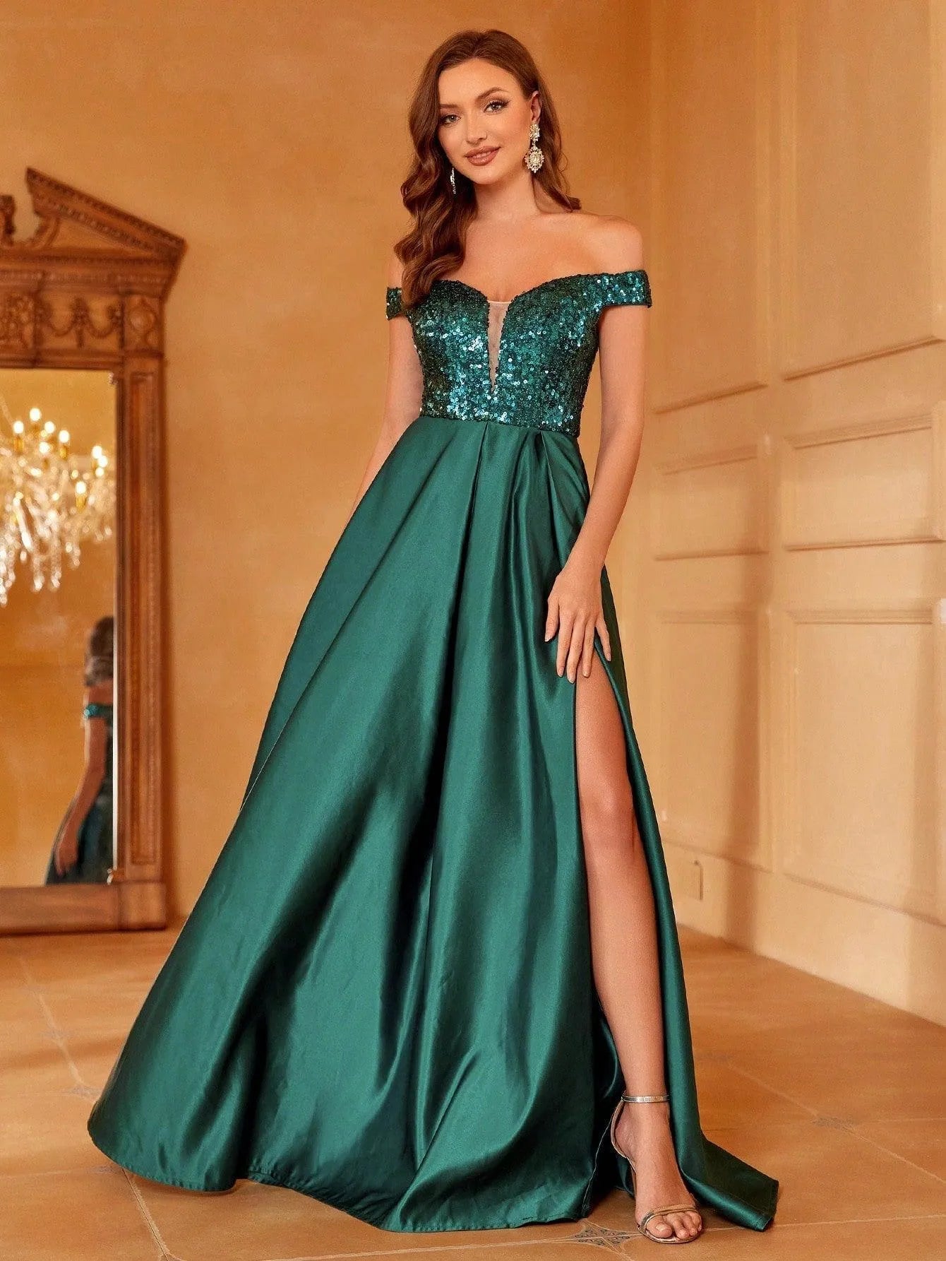 Off Shoulder Contrast Sequin Satin Prom Dress - Elonnashop