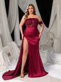 Plus Satin Red Carpet Gown with High Slit & Strapless Design – Luxurious Evening Wear for Formal Galas & Luxury Events, 1XL-3XL