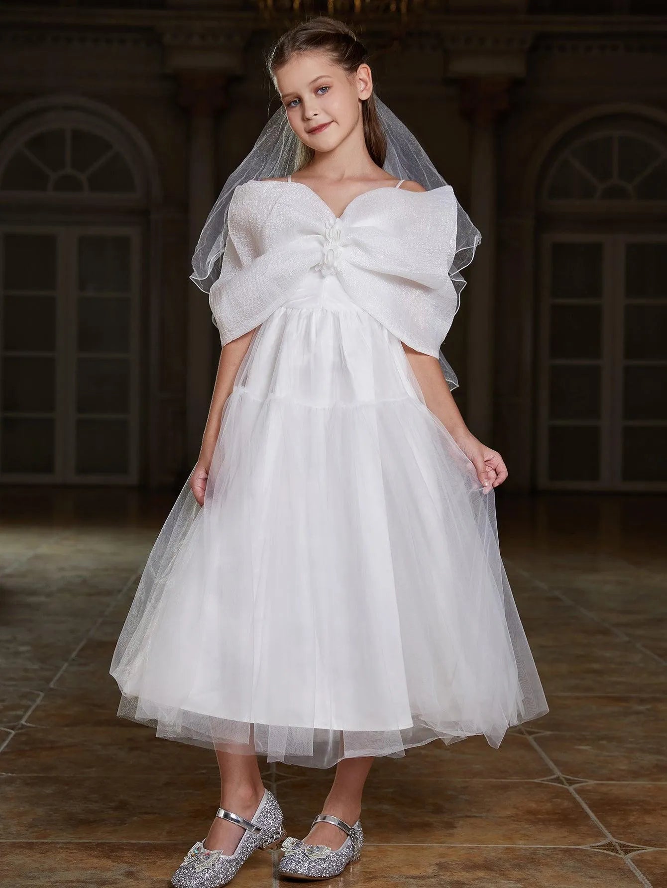 Tween Girls' Bow Front Off Shoulder Mesh A Line Dress - Elonnashop