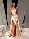 Elegant Satin Strapless Evening Gown with Lace Appliqué | High Slit & Sweep Train