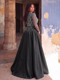 Plus Size Deep V-Neck Sequin Illusion Evening Gown - Satin Formal Dress with Long Sleeves & A-Line Skirt
