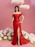 Teen Girls' Off Shoulder Draped Side Split Hem Sequin Party Dress
