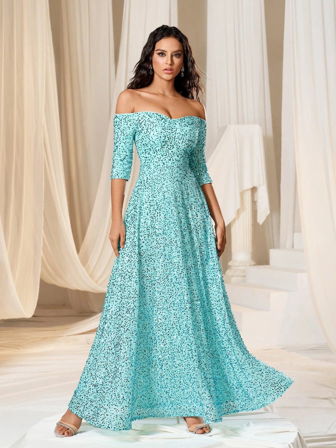 Off Shoulder 3/4 Sleeve Sequin A Line Dress - Elonnashop