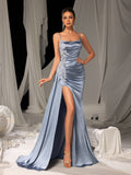 Elegant Evening Gown with Thigh-High Slit & Intricate Embroidery Access – Satin Bodycon Dress for Red Carpet, Gala Dinners & Luxury Weddings, XS-XL