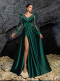 Elegant Satin A-line Evening Gown with V-Neck, Tulle Puff Sleeves and High Slit