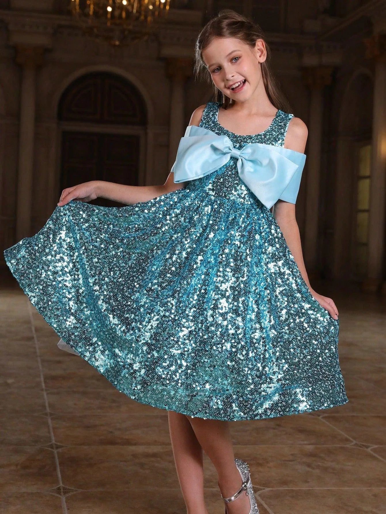 Tween Girls' Bow Detail Sequin Party Dress - Elonnashop