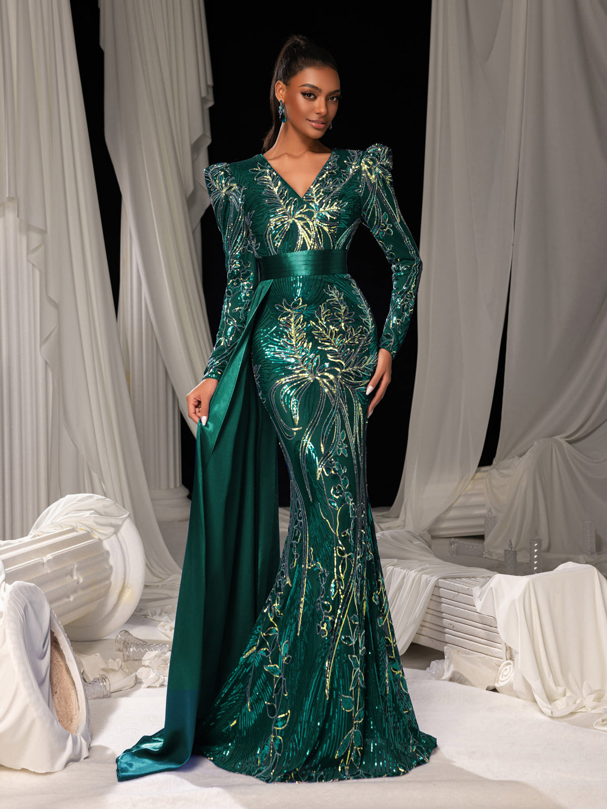 Elegant Sequin Embroidered V-Neck Mermaid Gown | Long Sleeve with Wide Belt & Sweep Train