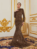 Elegant Maxi Sequin Evening Gown with Mock Neck, Long Sleeves, and Mermaid Fishtail Skirt