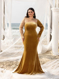 Plus Elegant Asymmetrical Neck Contrast Sequin Mermaid Hem Velvet Evening Dress