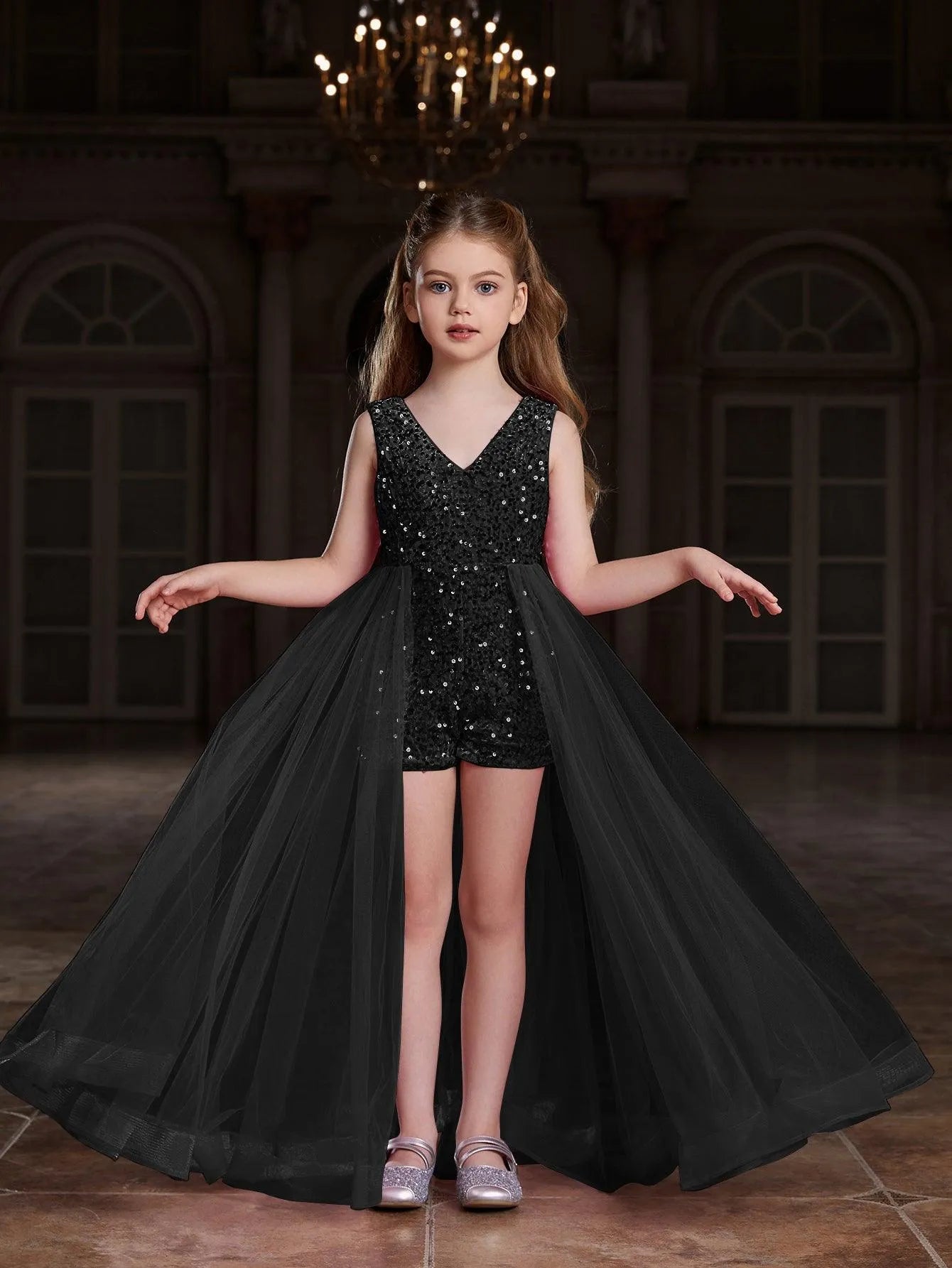 Tween Girls' V Neck Sleeveless Mesh Overlay Sequin Romper - Elonnashop