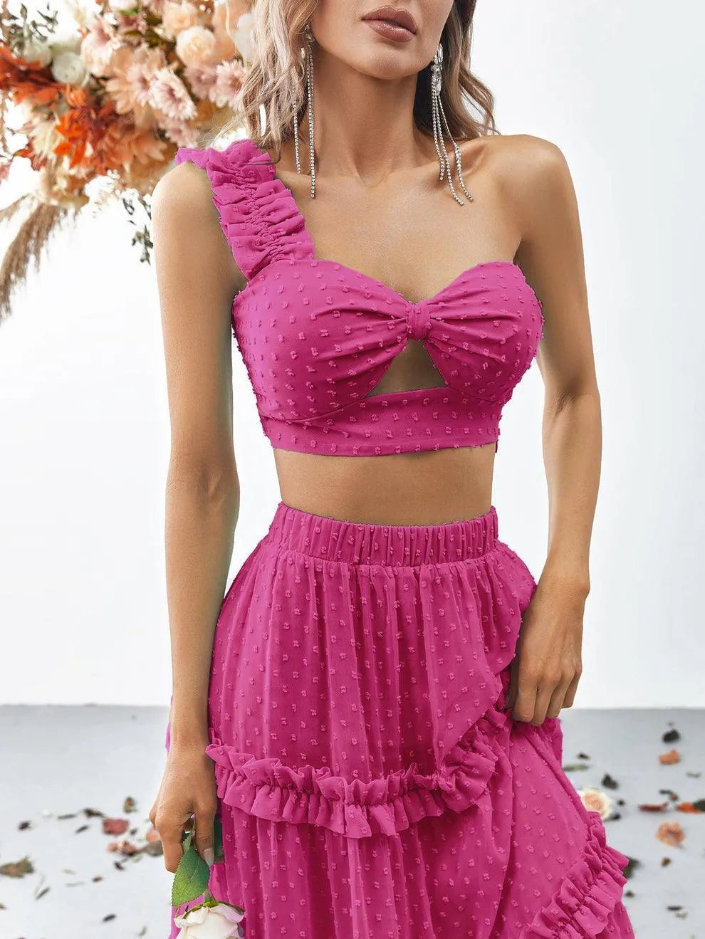 Swiss Dot One Shoulder Crop Top & Chiffon Skirt - Elonnashop