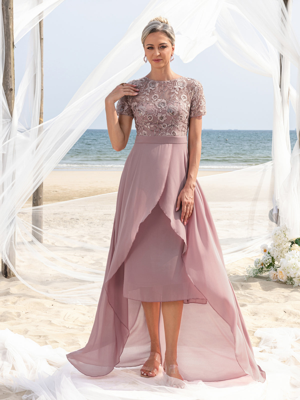 Womens' Elegant Mother-of-the-Bride Gown: Embroidered Sequin Bodice with Asymmetric Chiffon Skirt – Formal Dress for Beach Weddings & Evening Galas