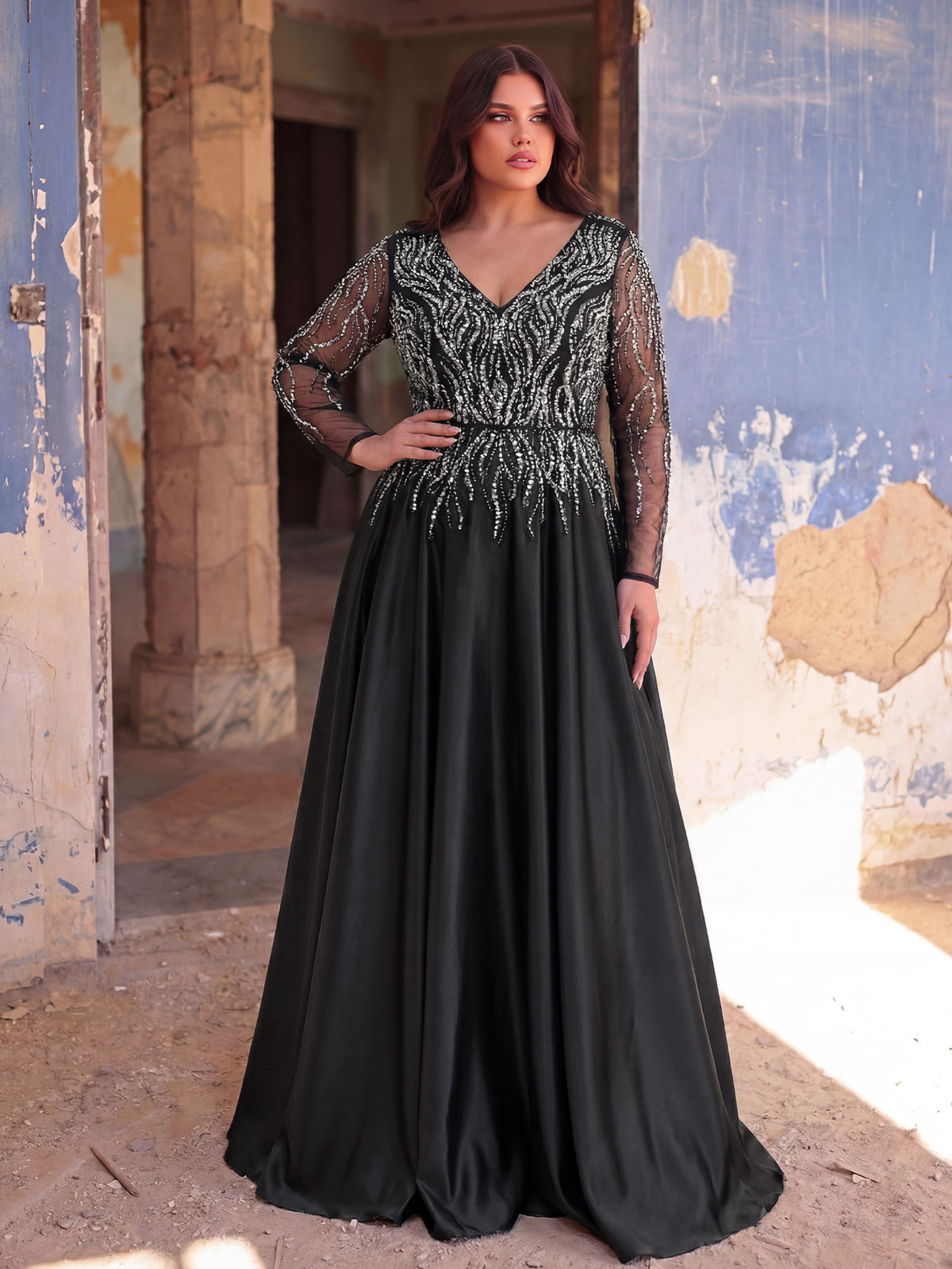 Plus Size Deep V-Neck Sequin Illusion Evening Gown - Satin Formal Dress with Long Sleeves & A-Line Skirt