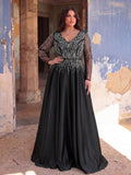 Plus Size Deep V-Neck Sequin Illusion Evening Gown - Satin Formal Dress with Long Sleeves & A-Line Skirt